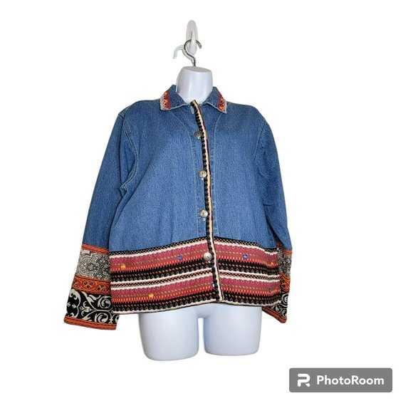 Chico's Design Denim Jacket, Women 1(Med), Cotton, Embroidered Embellishment EUC - Picture 3 of 10